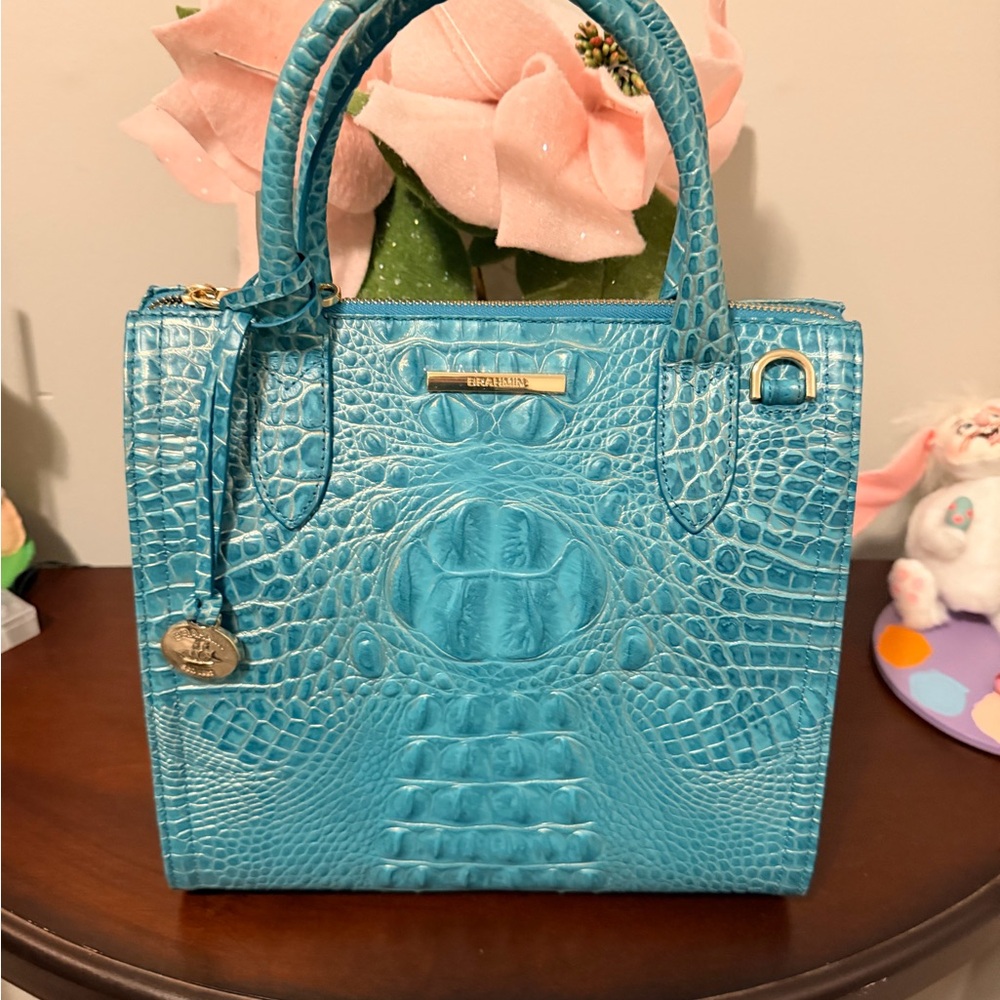 Brahmin Teal Croc-Embossed Leather Satchel with Gold Accents